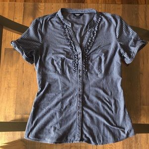 Blue pinstripe, ruffle v-neck, button down T-shirt.
